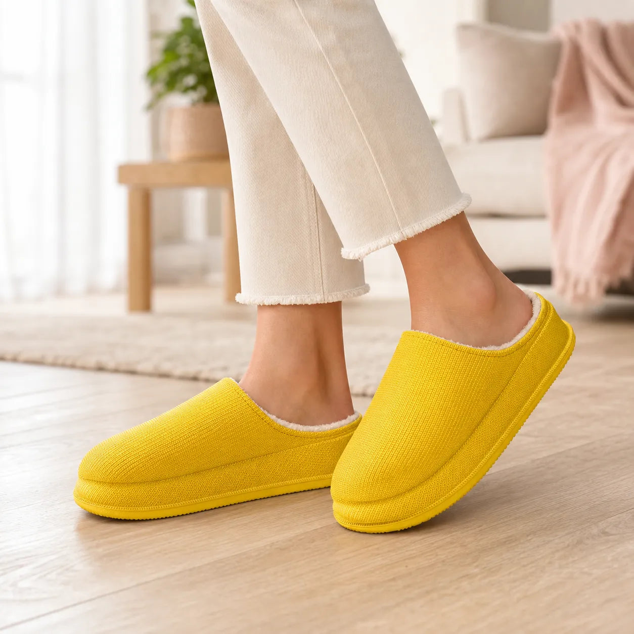 Yellow plush slippers - lifestyle view