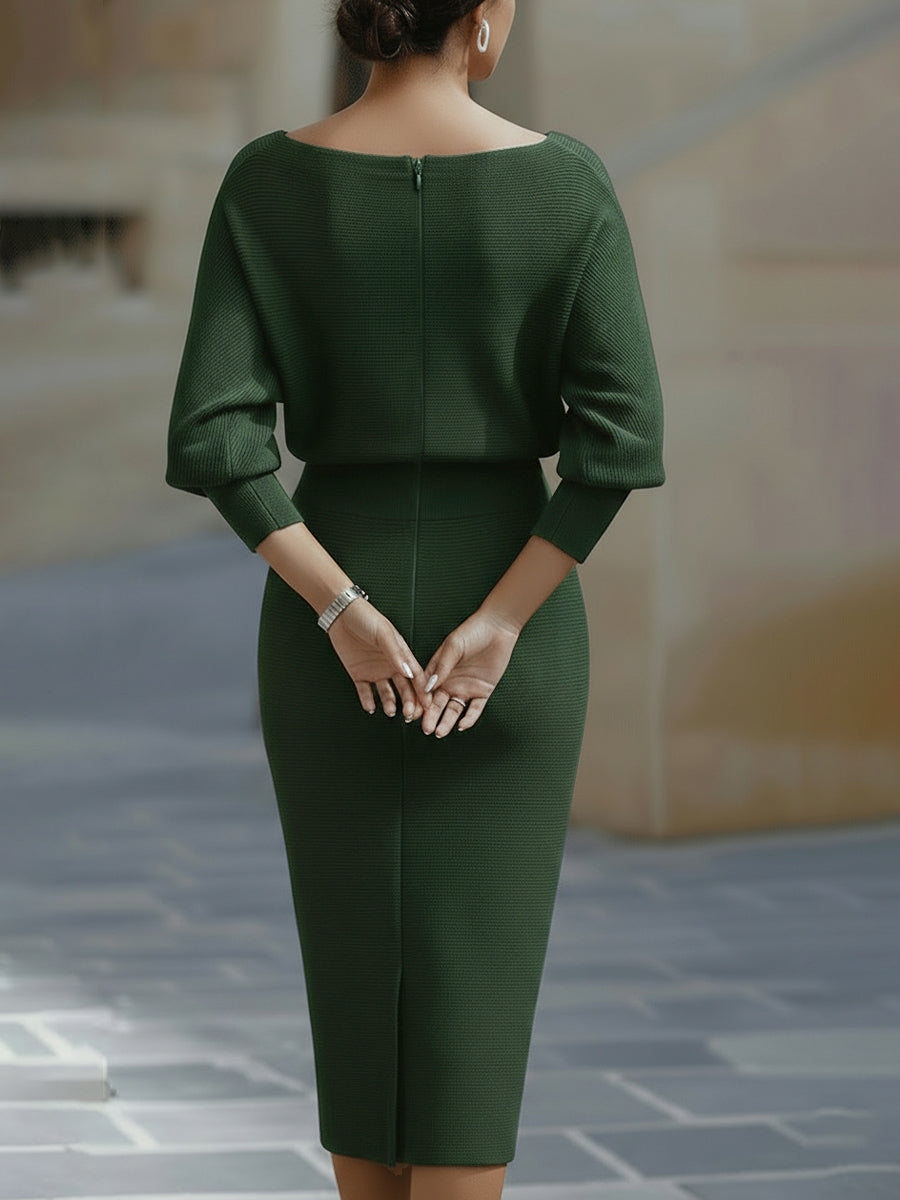 Women's Bodycon Midi Dress Draped Cowl Neck Batwing Sleeves Evening