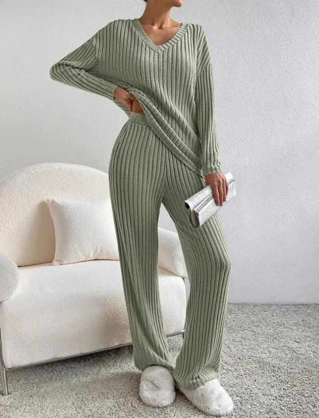 Women's Ribbed Two Piece Set V-Neck Jumper Wide Leg Pants Relaxed Fit