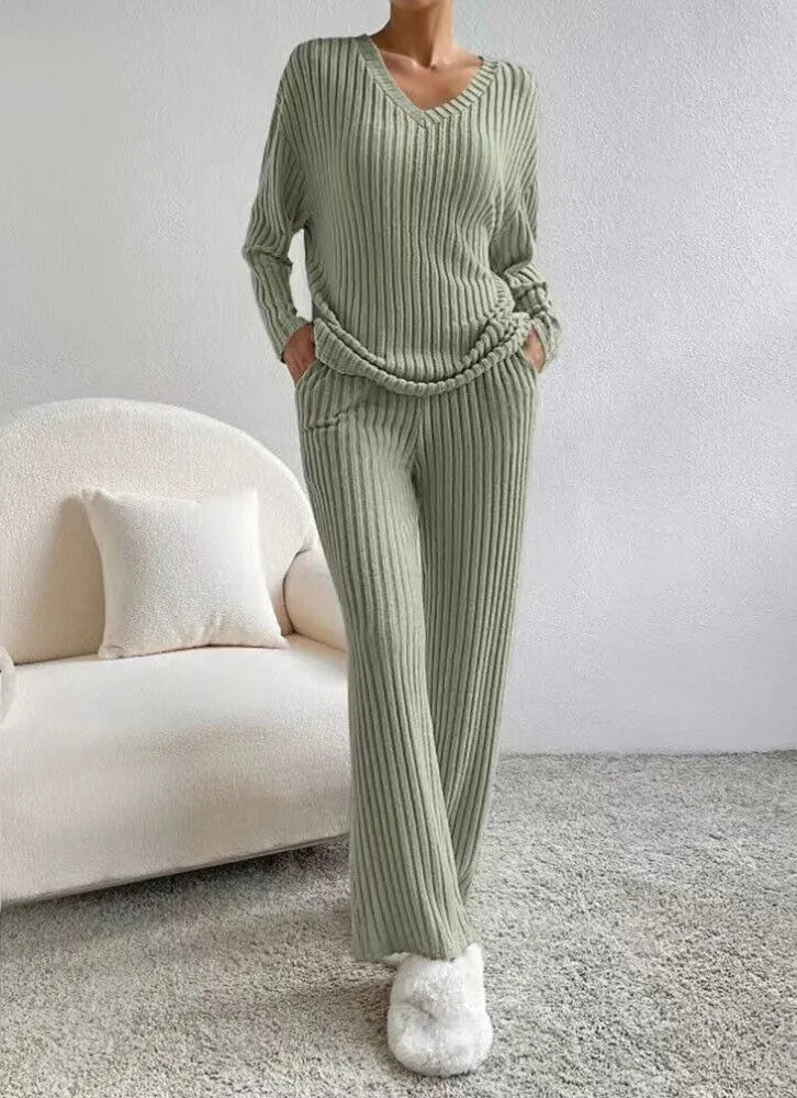 Women's Ribbed Two Piece Set V-Neck Jumper Wide Leg Pants Relaxed Fit