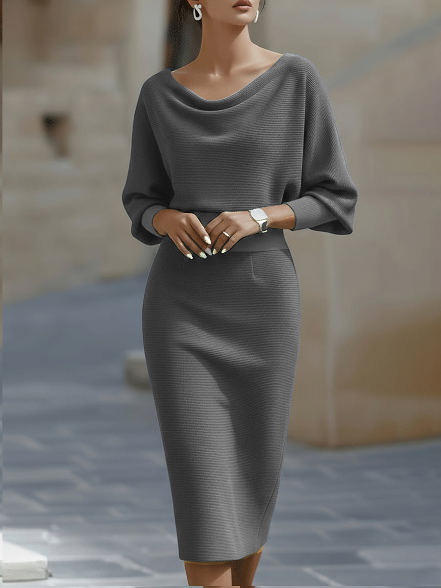 Women's Bodycon Midi Dress Draped Cowl Neck Batwing Sleeves Evening