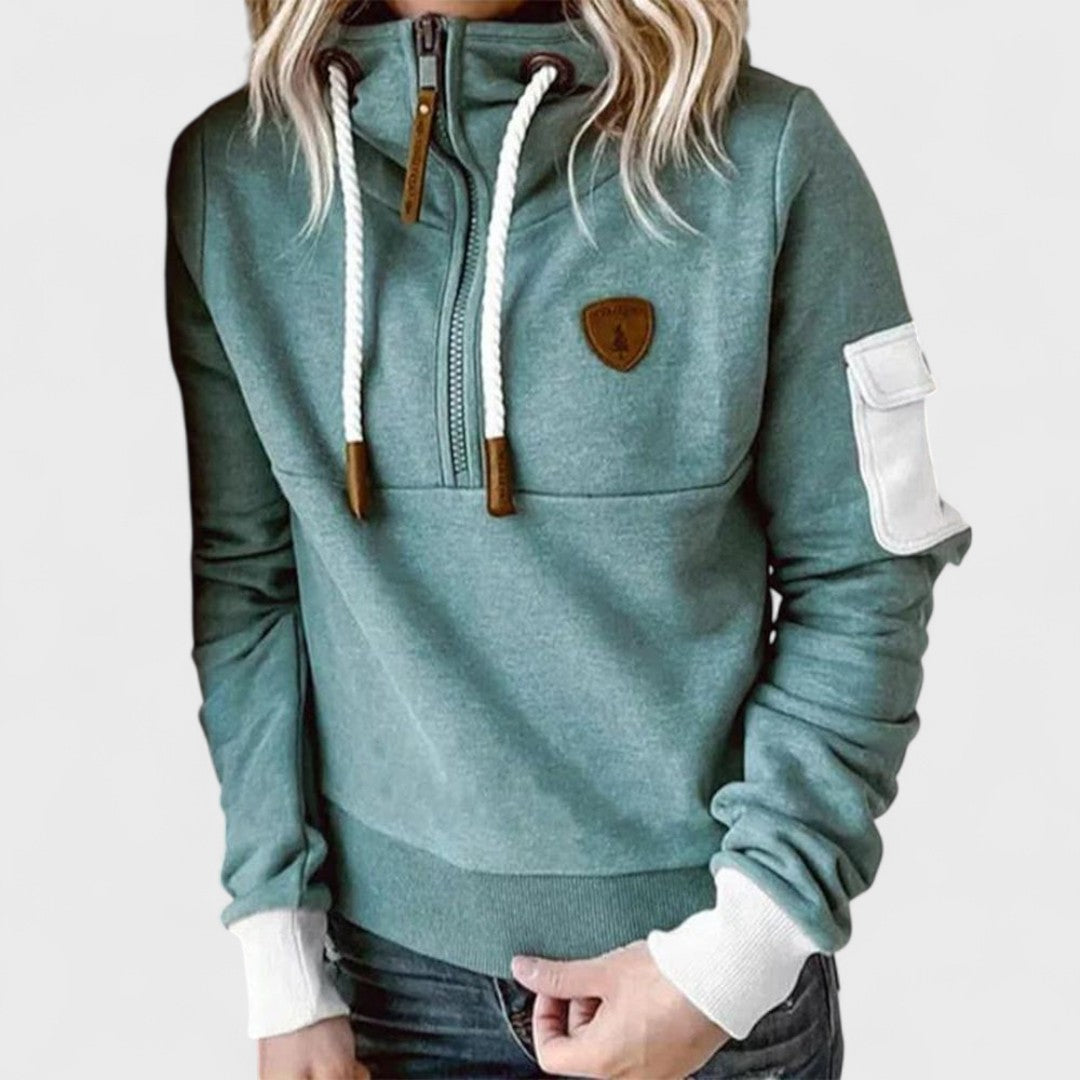 Women's Soft Zip Neck Jumper Relaxed Fit Cosy Knit Contrast Cuffs Casual Everyday Pullover Loungewear Warm Layer Sweater Green Grey Black S-3XL