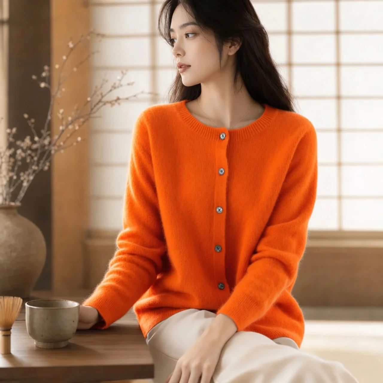 Women's Merino Wool Cardigan O-Neck Cashmere Jumper Warm Knit