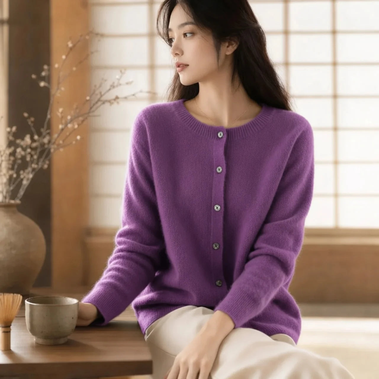 Women's Merino Wool Cardigan O-Neck Cashmere Jumper Warm Knit