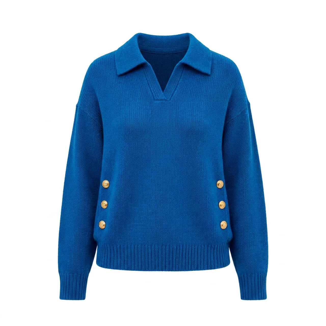 Women's Polo Knit Jumper V-Neck Gold Button Detail Relaxed Fit