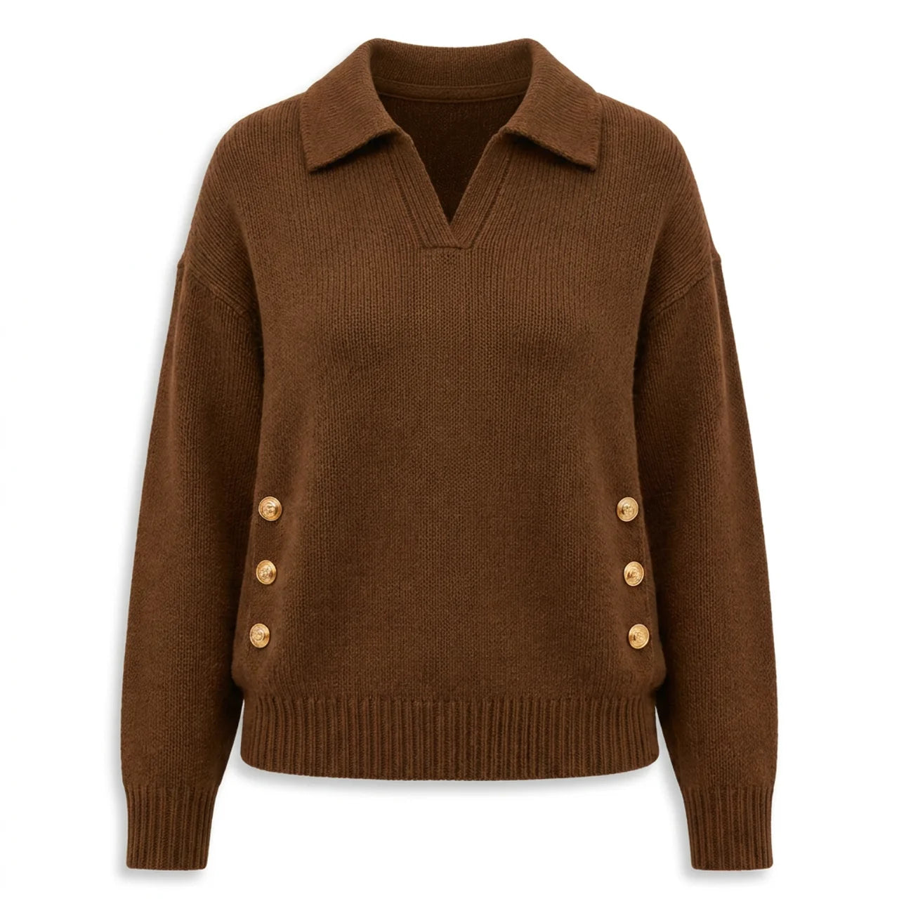 Women's Polo Knit Jumper V-Neck Gold Button Detail Relaxed Fit