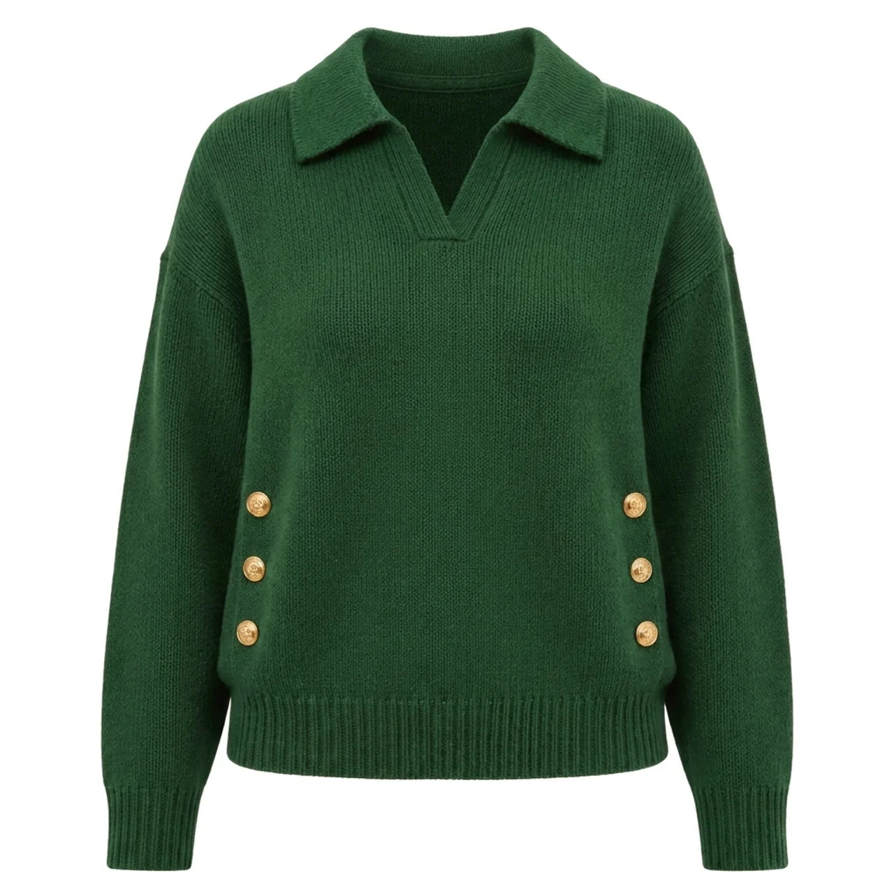 Women's Polo Knit Jumper V-Neck Gold Button Detail Relaxed Fit