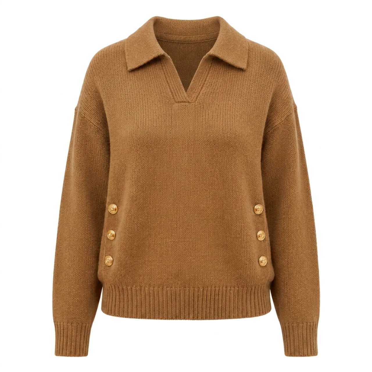 Women's Polo Knit Jumper V-Neck Gold Button Detail Relaxed Fit