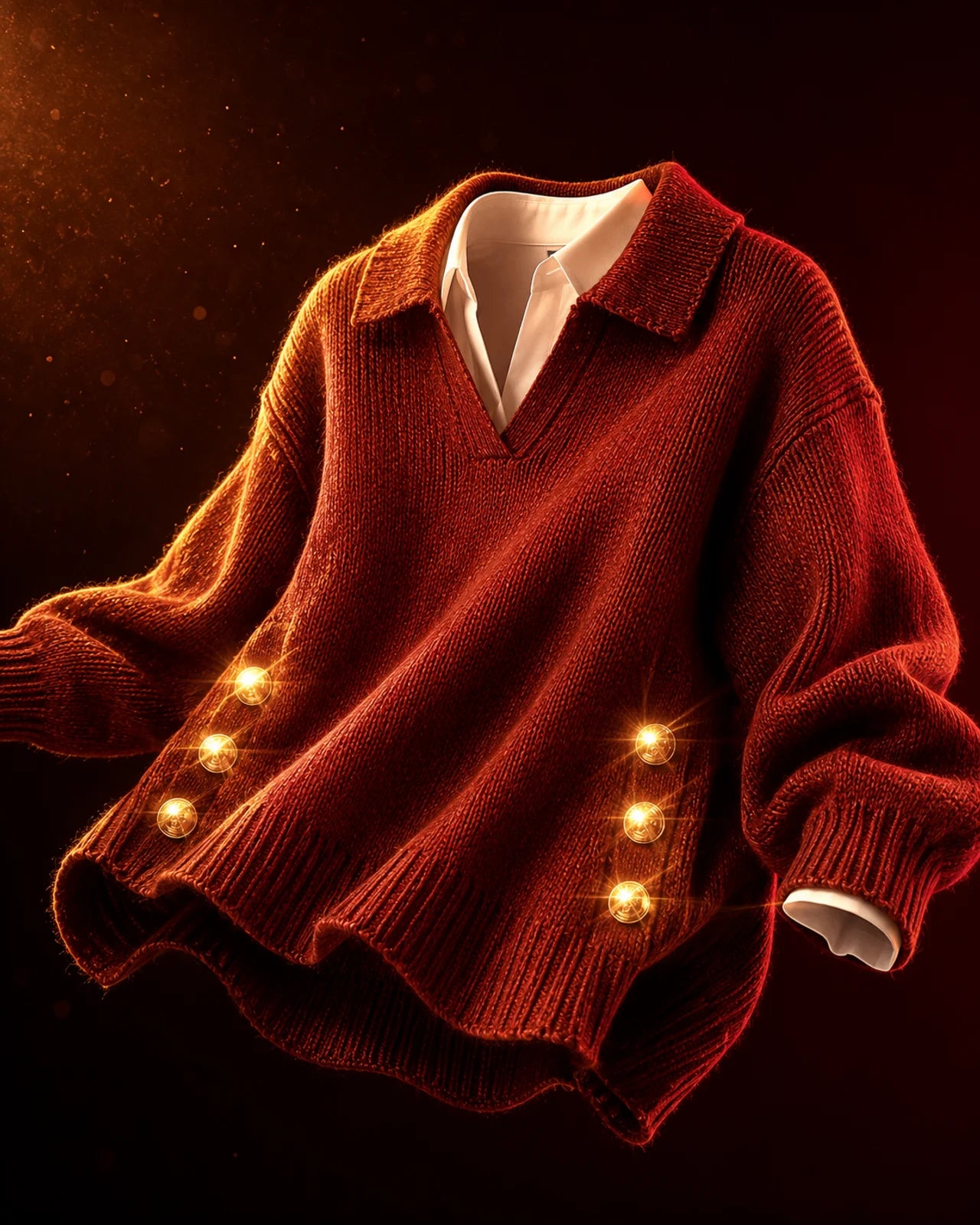 Women's Polo Knit Jumper V-Neck Gold Button Detail Relaxed Fit