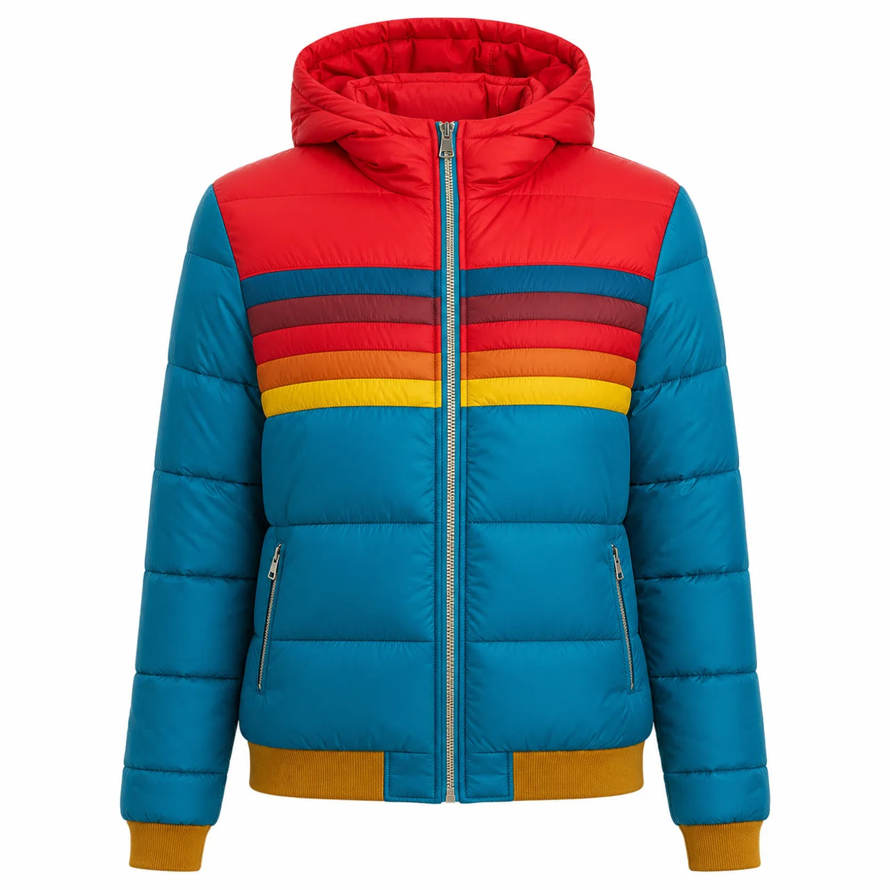 Women's Retro Puffer Jacket Rainbow Stripes Cropped Hood Casual