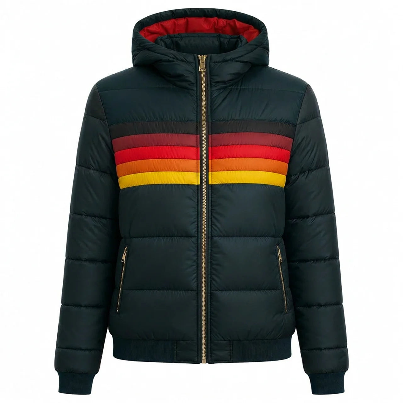 Women's Retro Puffer Jacket Rainbow Stripes Cropped Hood Casual