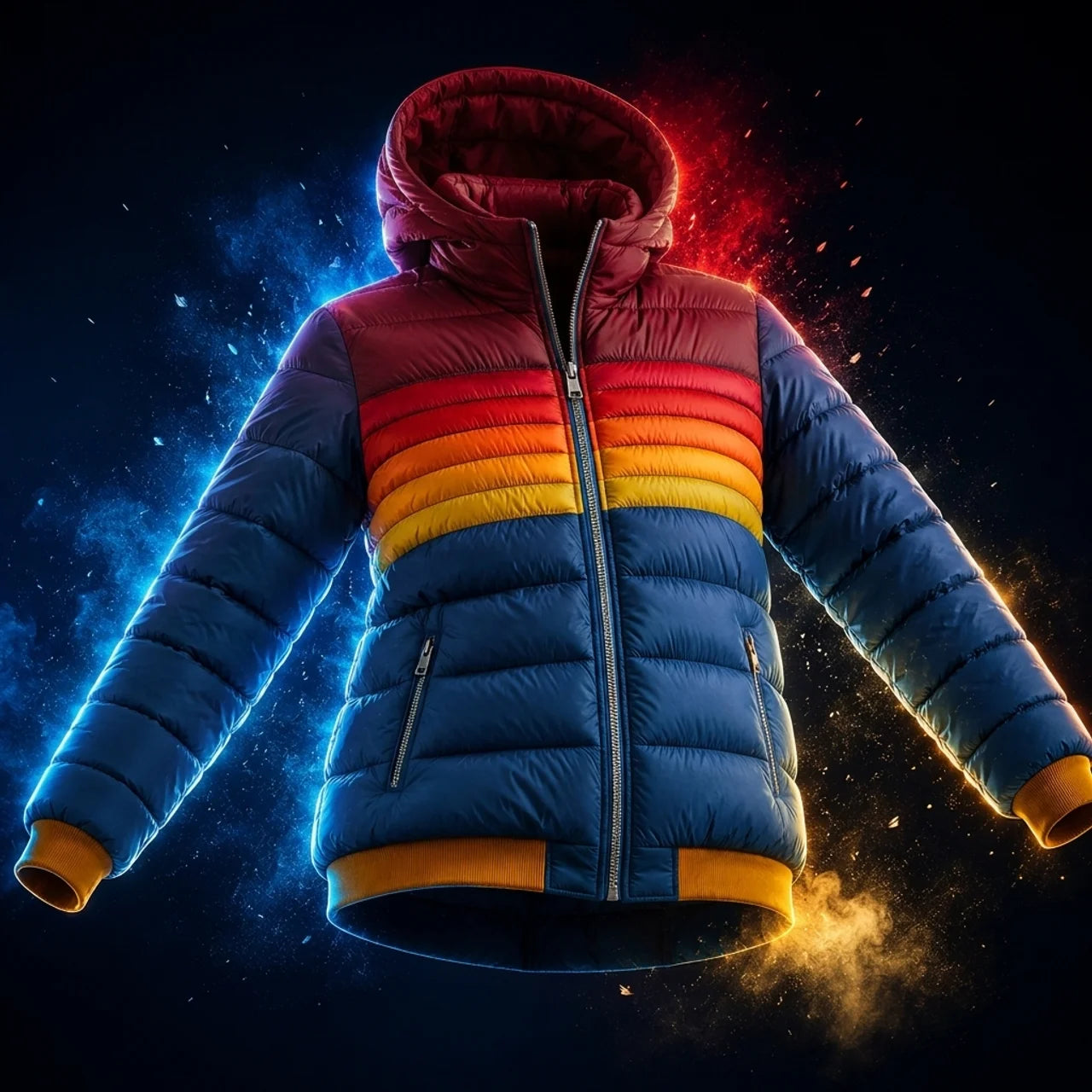 Women's Retro Puffer Jacket Rainbow Stripes Cropped Hood Casual