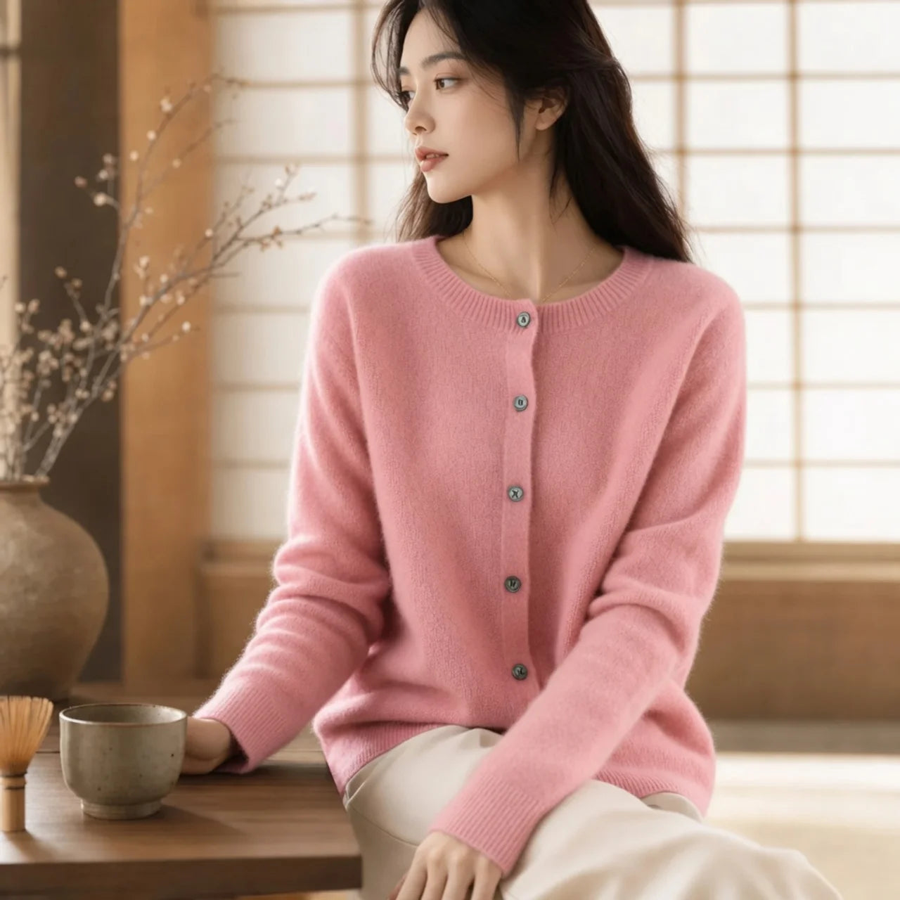 Women's Merino Wool Cardigan O-Neck Cashmere Jumper Warm Knit