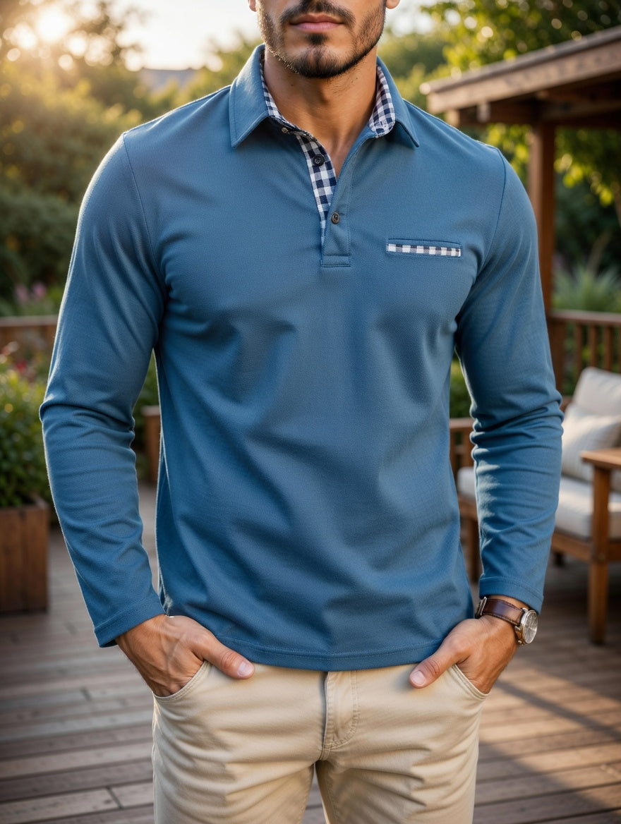 Men's Long Sleeve Polo Shirt Winter Warm Classic Casual Navy