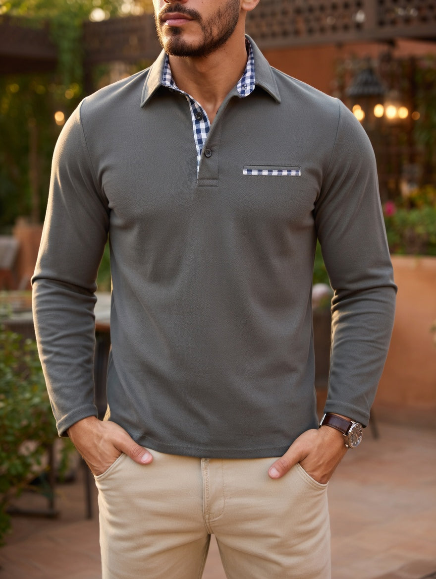 Men's Long Sleeve Polo Shirt Winter Warm Classic Casual Navy