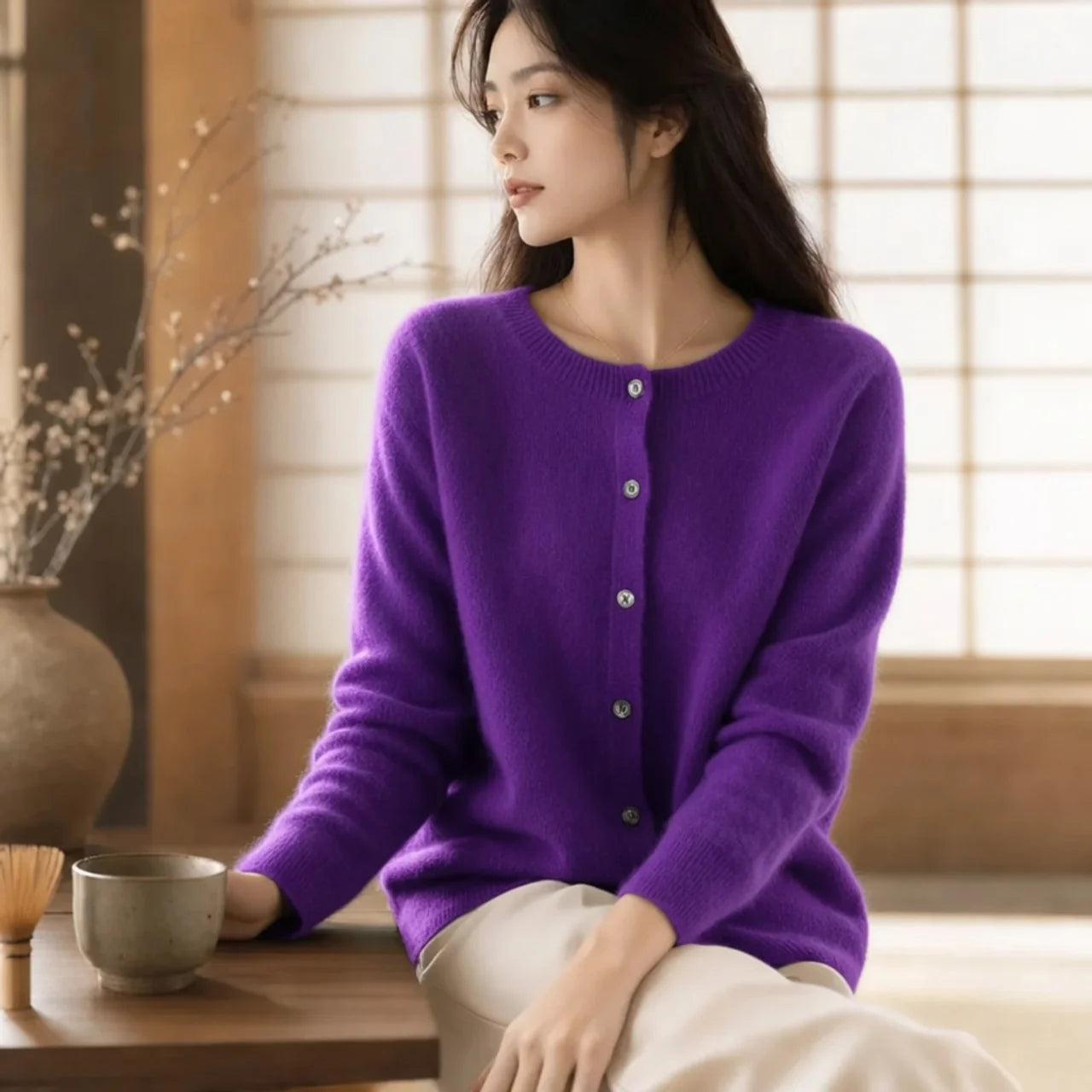 Women's Merino Wool Cardigan O-Neck Cashmere Jumper Warm Knit