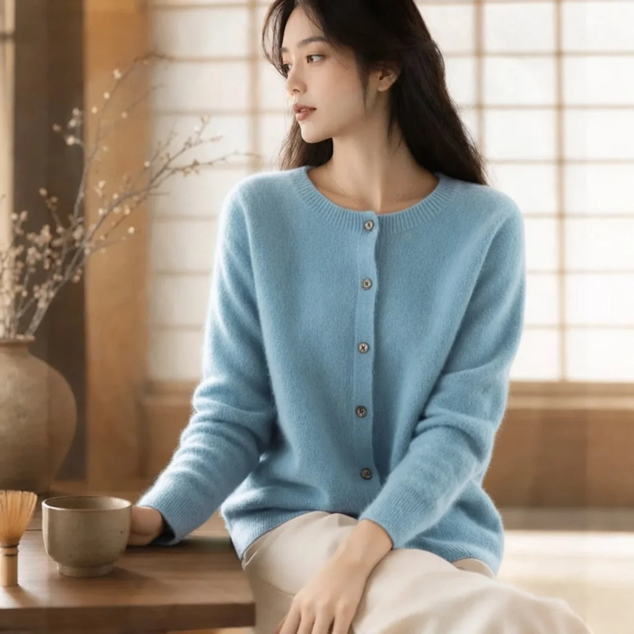 Women's Merino Wool Cardigan O-Neck Cashmere Jumper Warm Knit