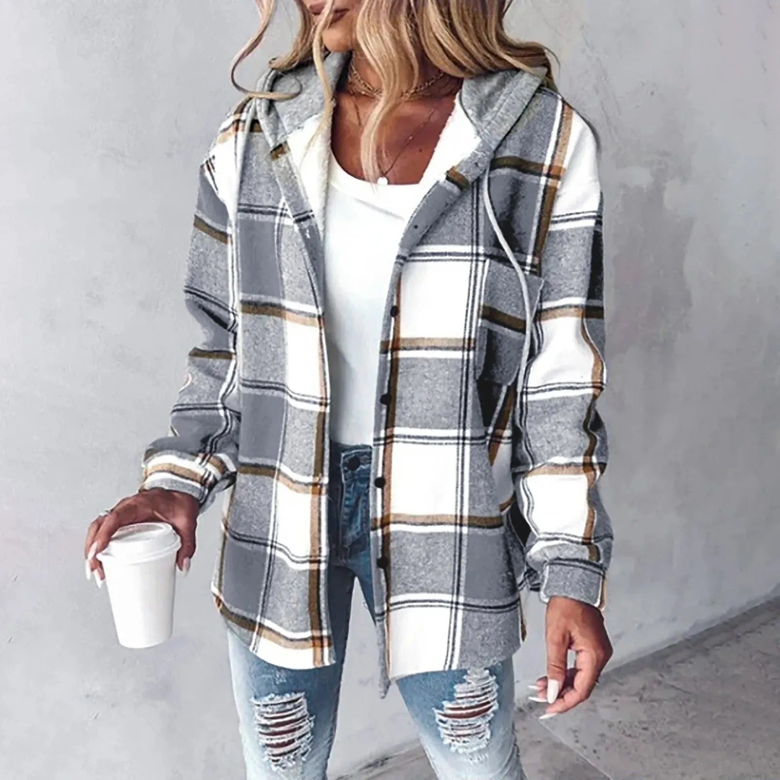 Women's Plaid Hoodie Jacket Casual Winter Warm Checkered