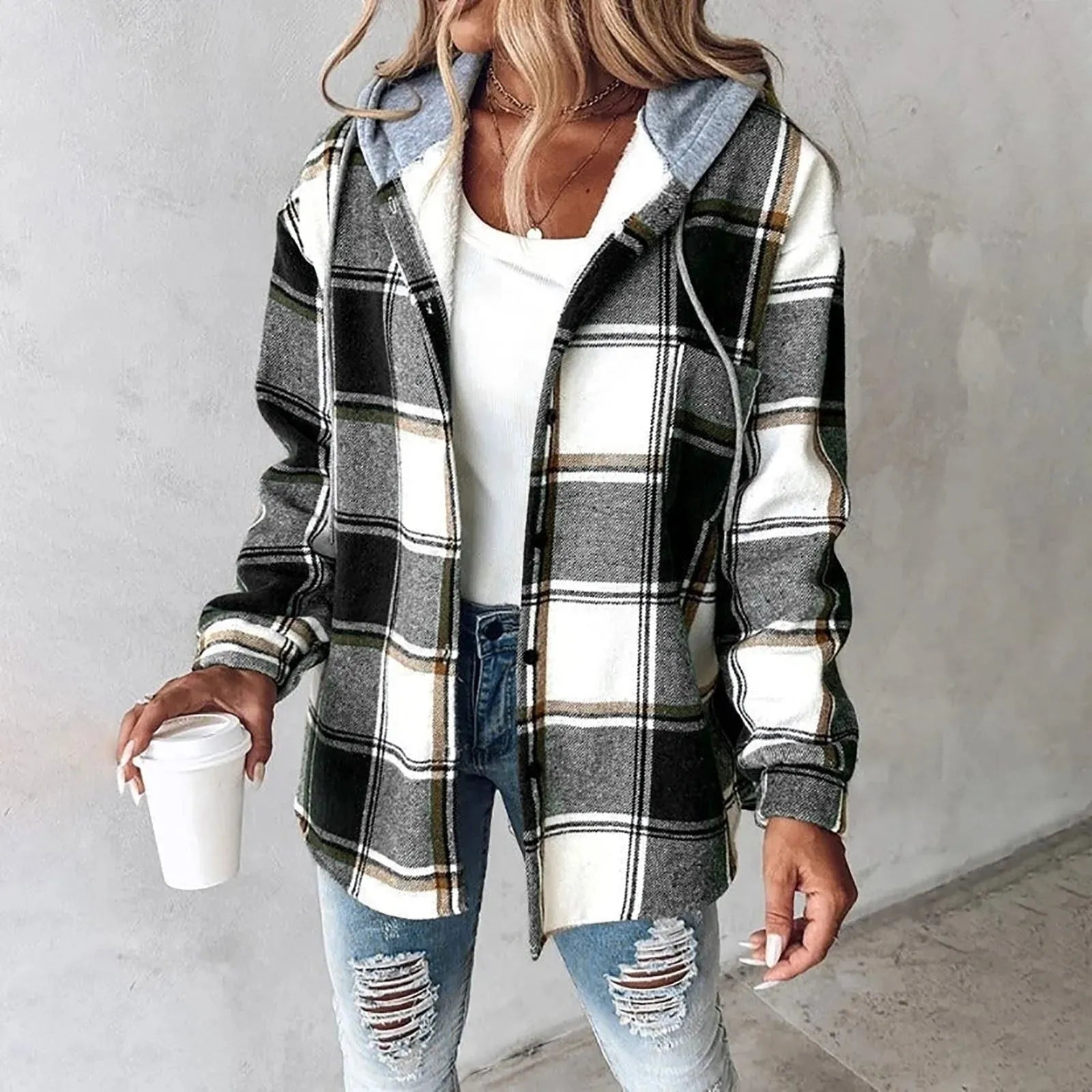 Women's Plaid Hoodie Jacket Casual Winter Warm Checkered