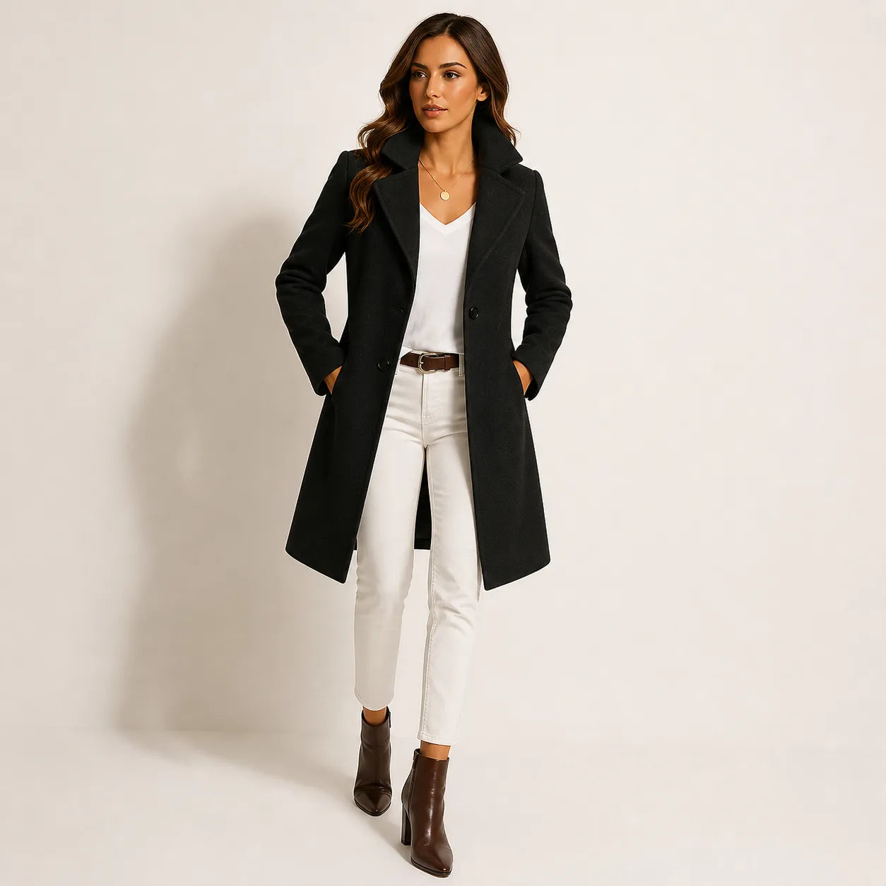 Black long tailored coat - studio view