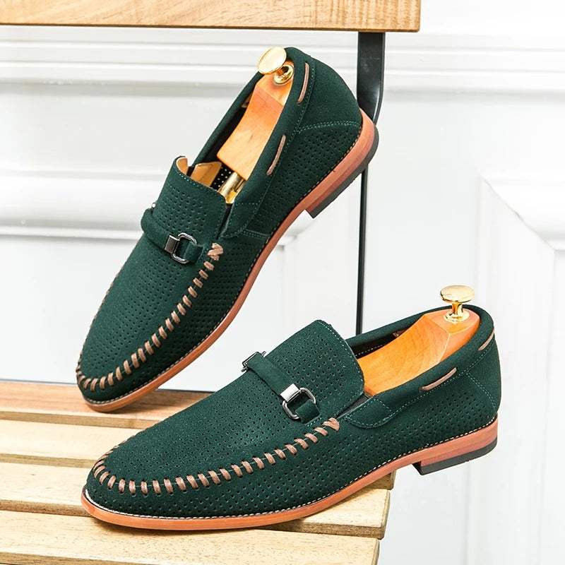 Men's Slip-On Loafers Perforated Buckle Strap Almond Toe Smart Casual Dress Shoes