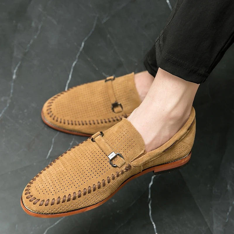 Men's Slip-On Loafers Perforated Buckle Strap Almond Toe Smart Casual Dress Shoes
