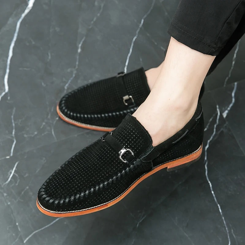 Men's Slip-On Loafers Perforated Buckle Strap Almond Toe Smart Casual Dress Shoes