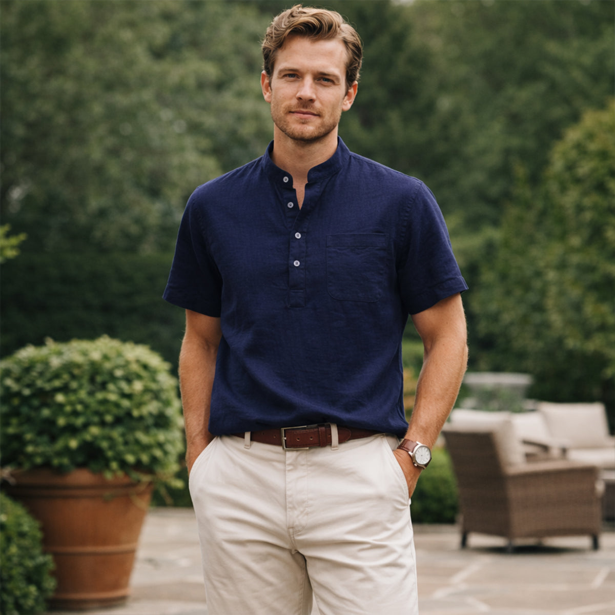 Men's Henley shirt with a button front