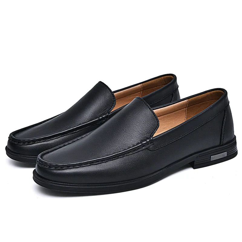 Black plain-front slip-on dress loafers with moc-toe stitching