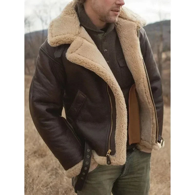 Men's Leather Aviator Jacket Classic Winter Warm Sherpa Lining Outdoor