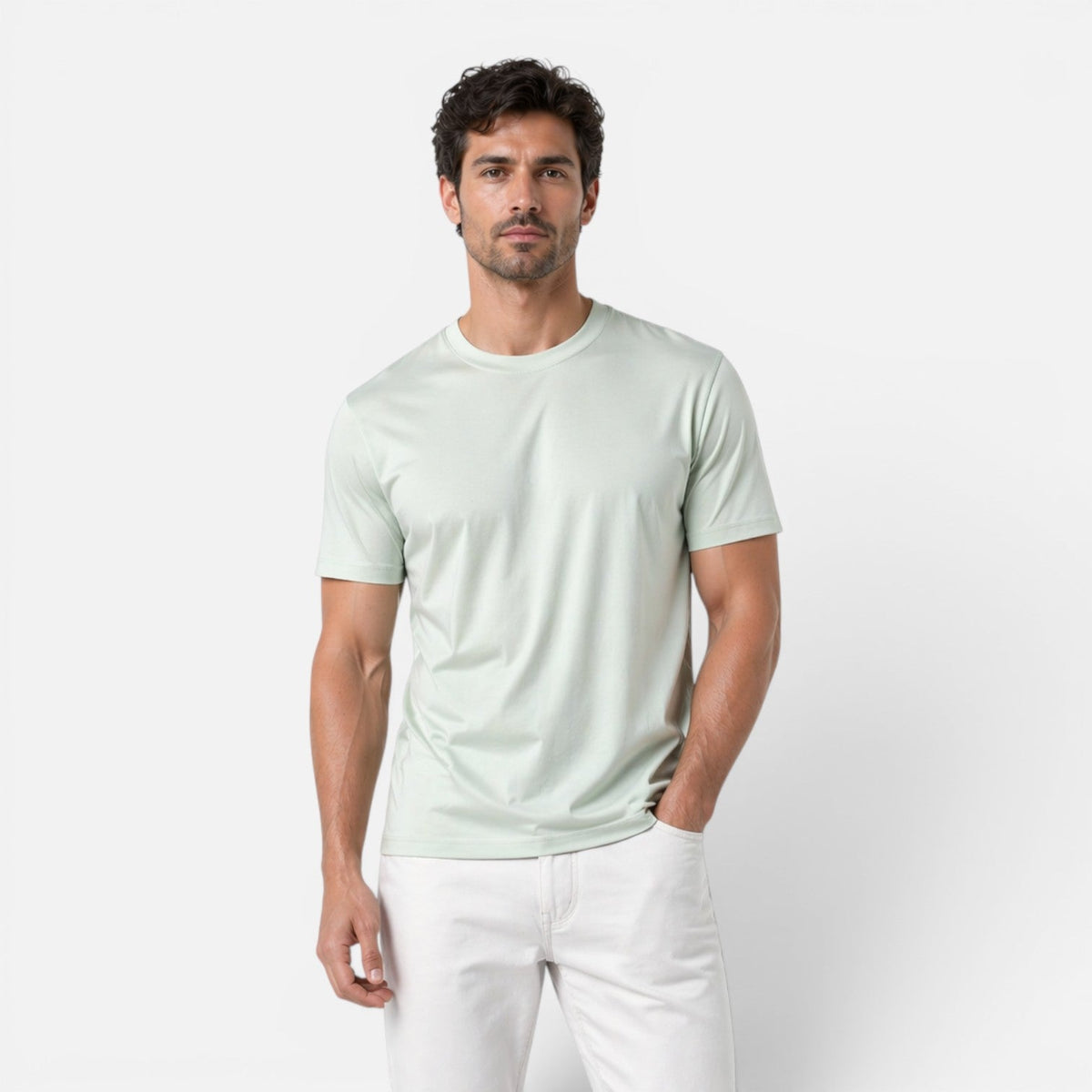 Man wearing a pale mint short-sleeve crew-neck T-shirt