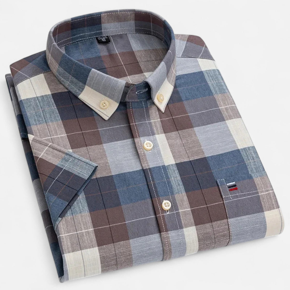 Folded gray, blue and brown large-check short-sleeve button-down shirt