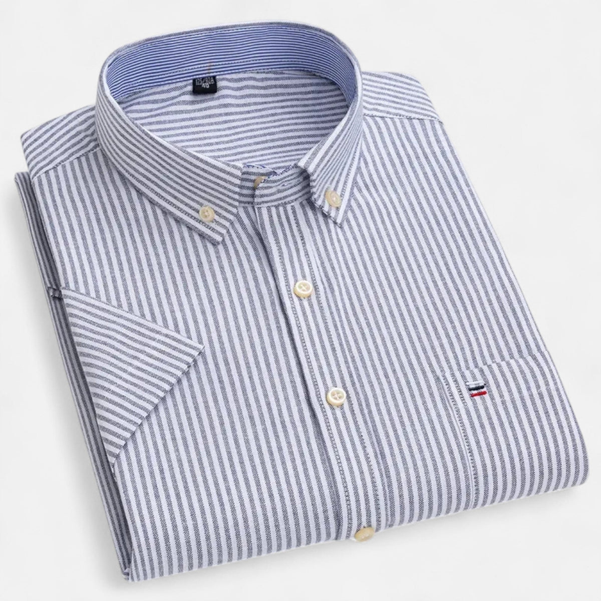 Folded gray and white striped short-sleeve button-down shirt