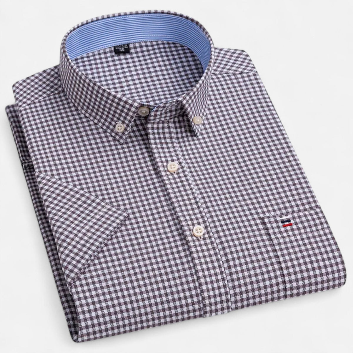 Folded black and white gingham short-sleeve button-down shirt