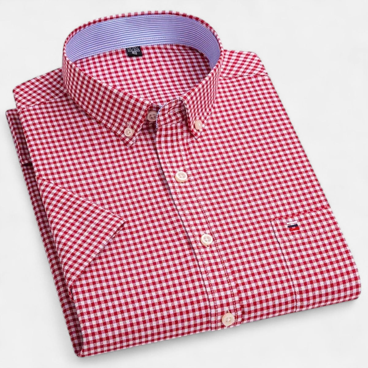 Folded red and white gingham short-sleeve button-down shirt