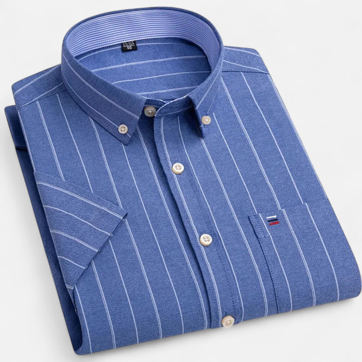 Folded blue pinstripe short-sleeve button-down shirt