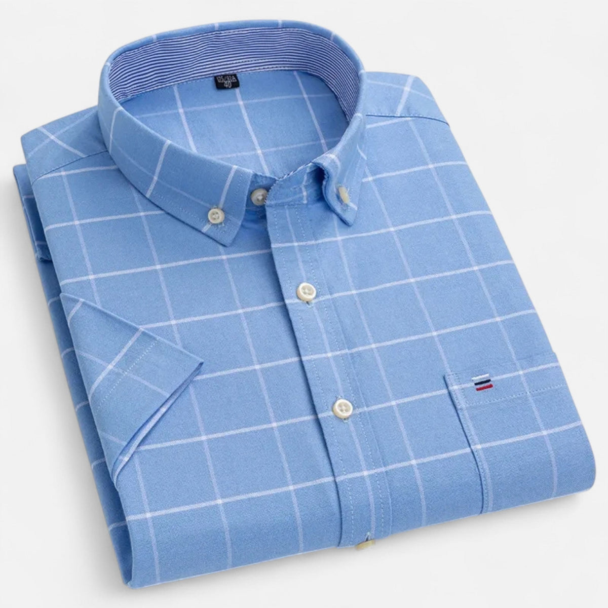 Folded light blue windowpane-check short-sleeve button-down shirt