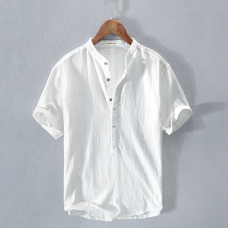 Men's button-up top with a band collar