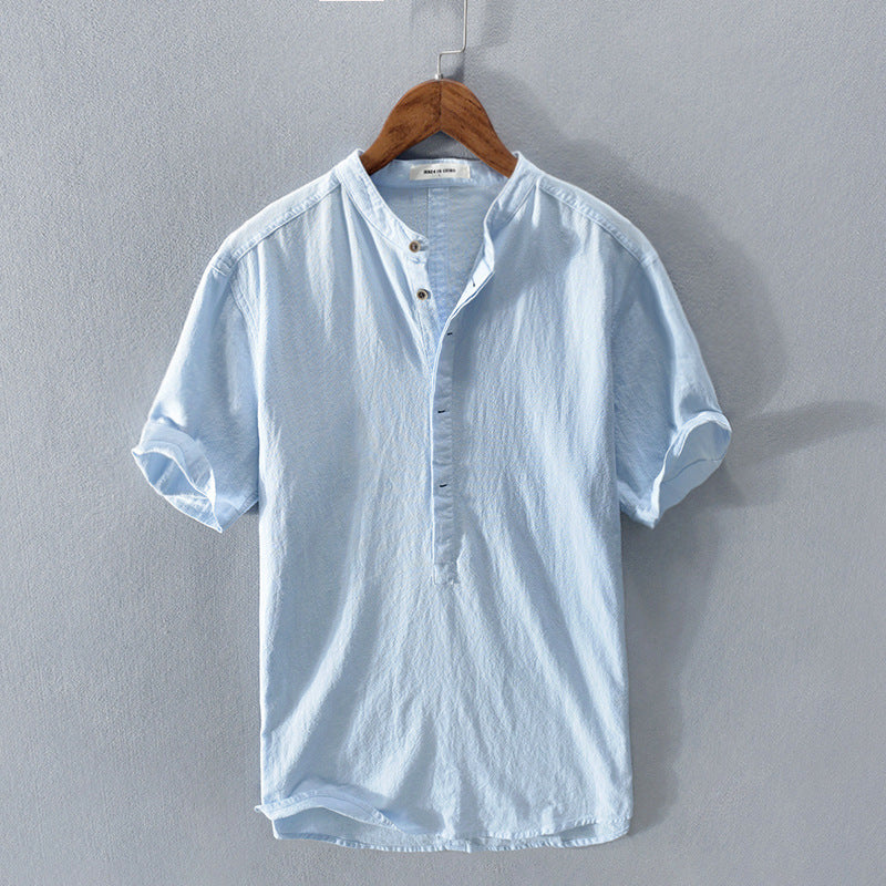 Men's button-up top with a band collar