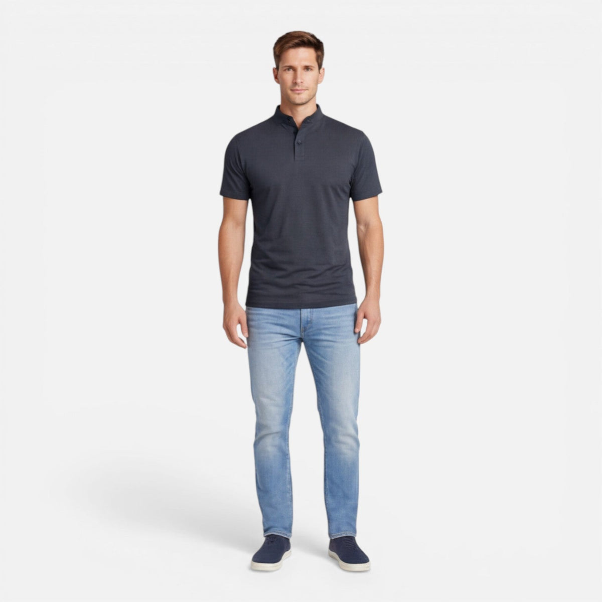 Men's short-sleeve Henley shirt with a button front