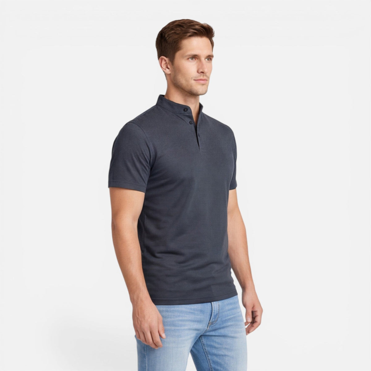 Men's short-sleeve Henley shirt with a button front
