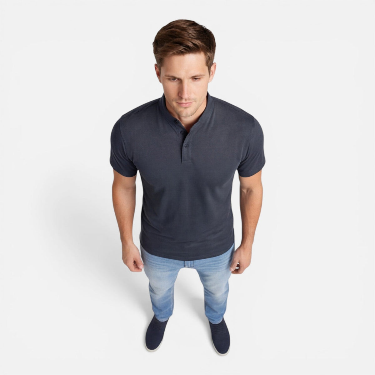 Men's short-sleeve Henley shirt with a button front