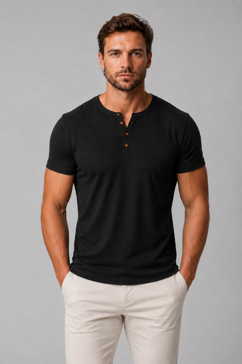 Man wearing a black short-sleeve Henley T-shirt, front view