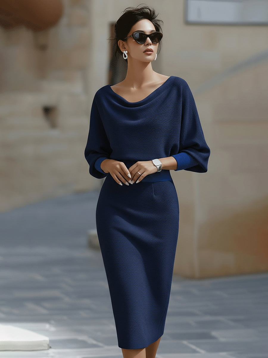 Women's Bodycon Midi Dress Draped Cowl Neck Batwing Sleeves Evening