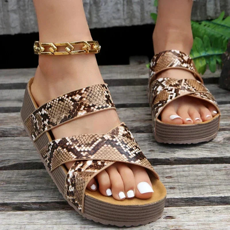 Women's Wedge Sandals Elegant Leather Bicolour Strappy Comfort Dressy
