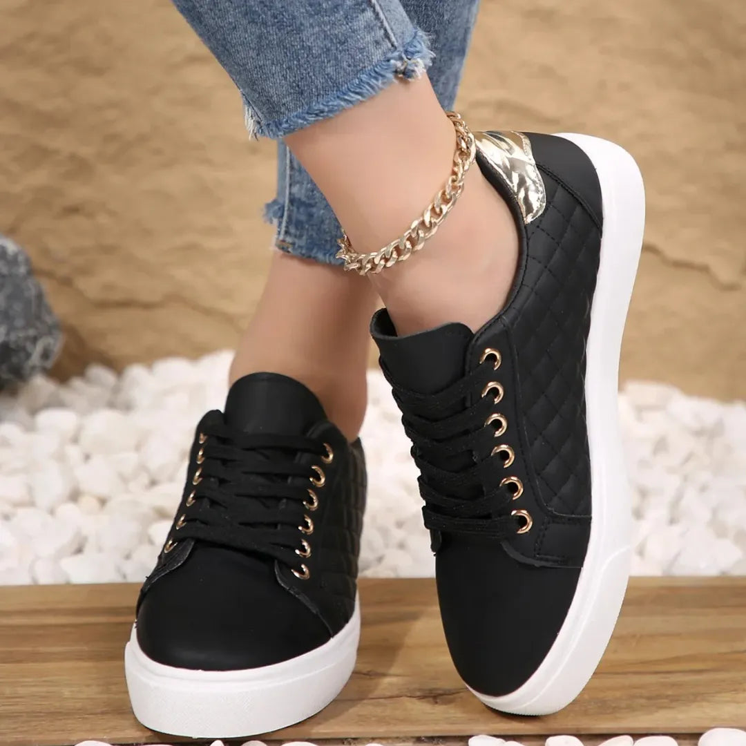 Women's Quilted Sneakers Lace Up Casual Comfort Everyday Trainer Shoes