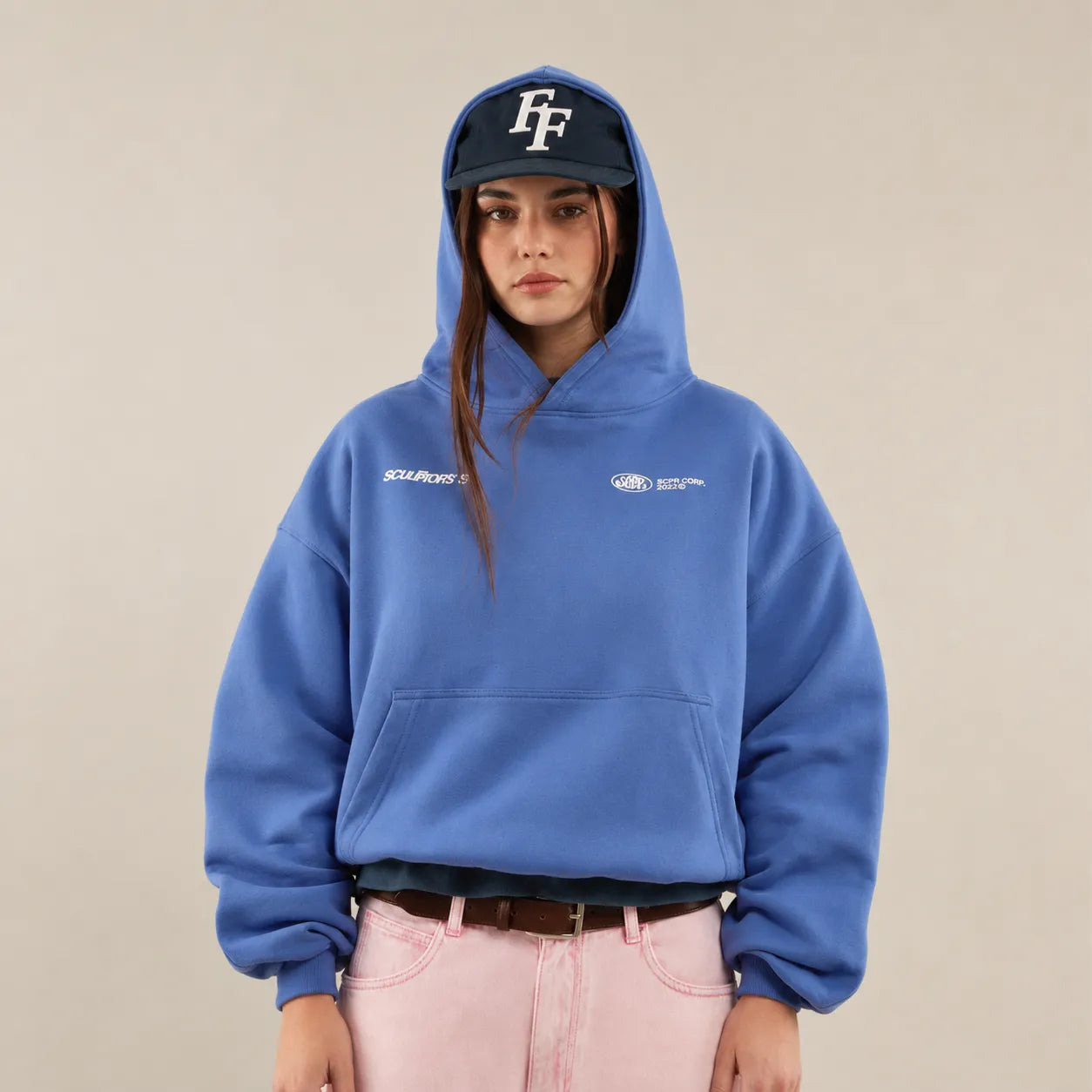 Blue relaxed fit hoodie - studio view