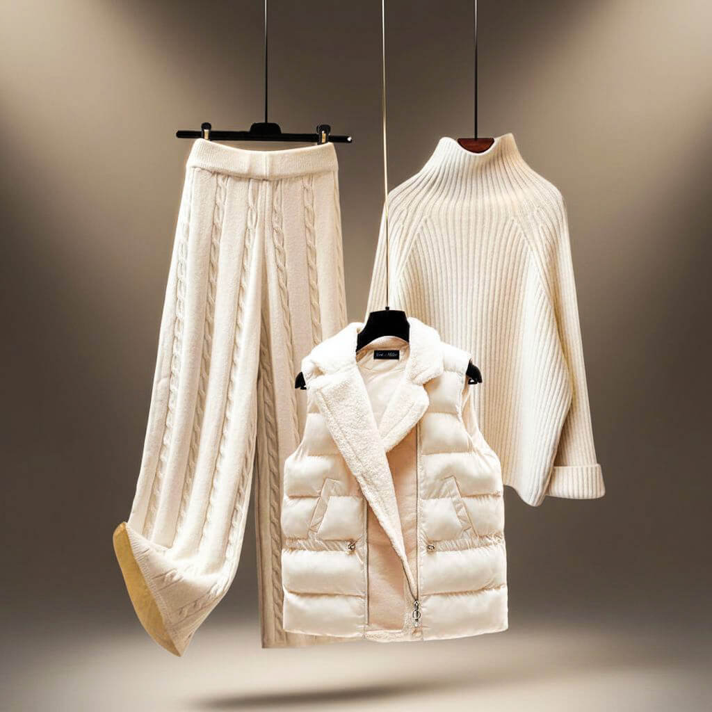 Women's Winter Knit Set Jumper Cable Trousers Padded Gilet Three Piece