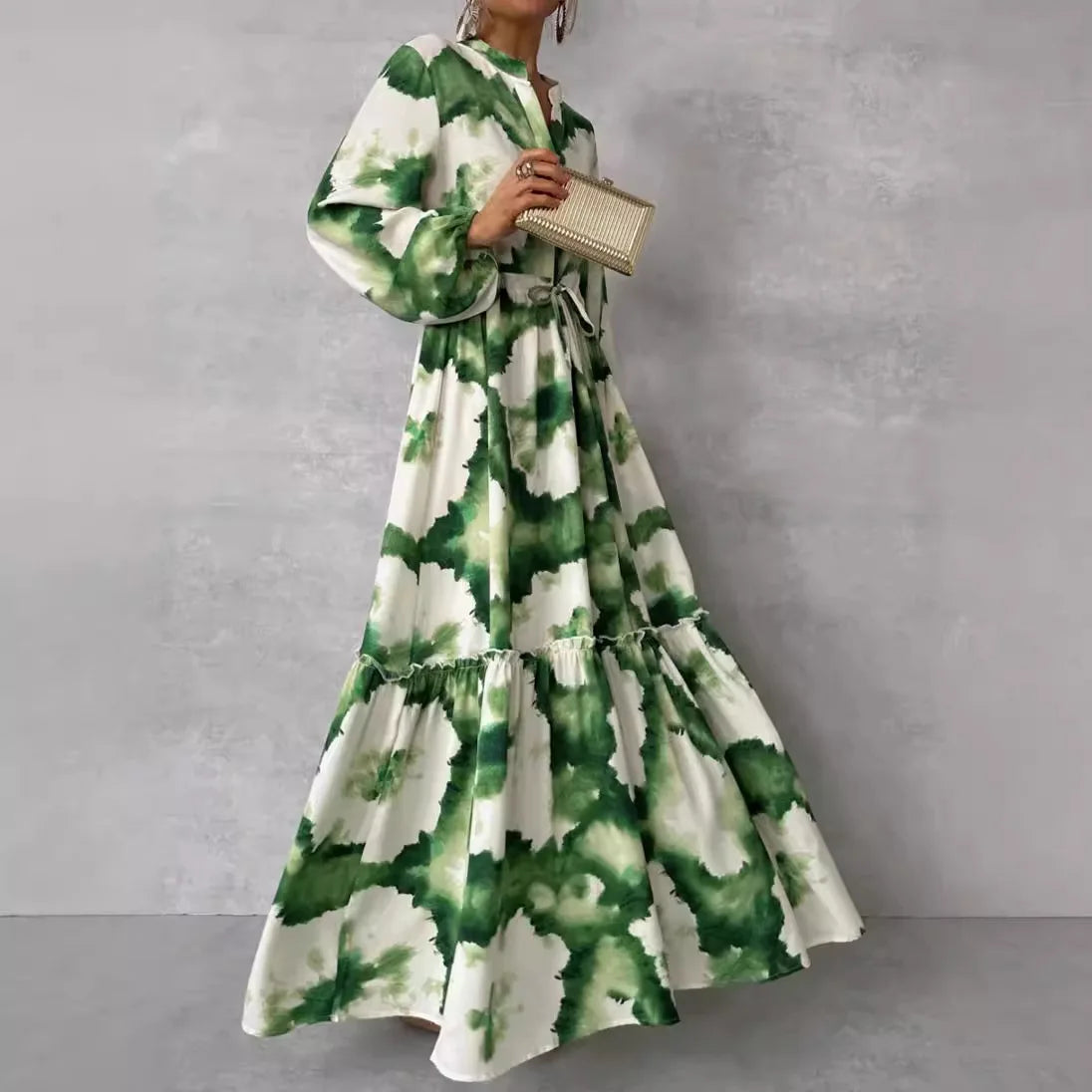 Women's Maxi Dress Floor Length Wedding Guest Abstract Print Bishop Sleeves