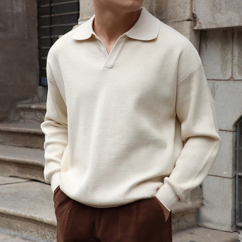 Men's V Neck Jumper Long Sleeve Textured Knit Polo Collar Relaxed Fit